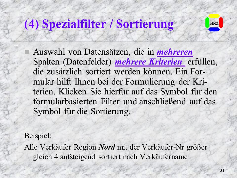(4) Spezialfilter / Sortierung
