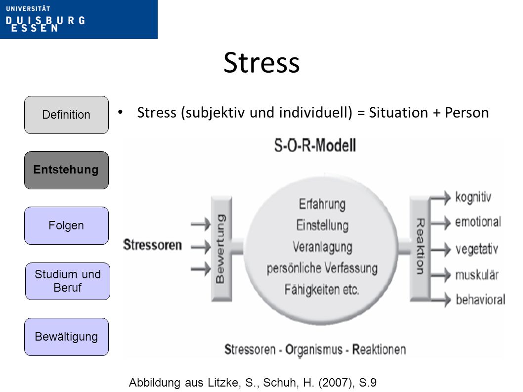 Stress Stress (subjektiv und individuell) = Situation + Person