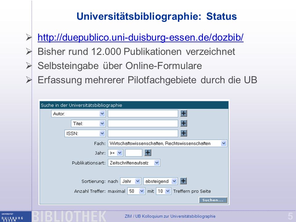 Universitätsbibliographie: Status