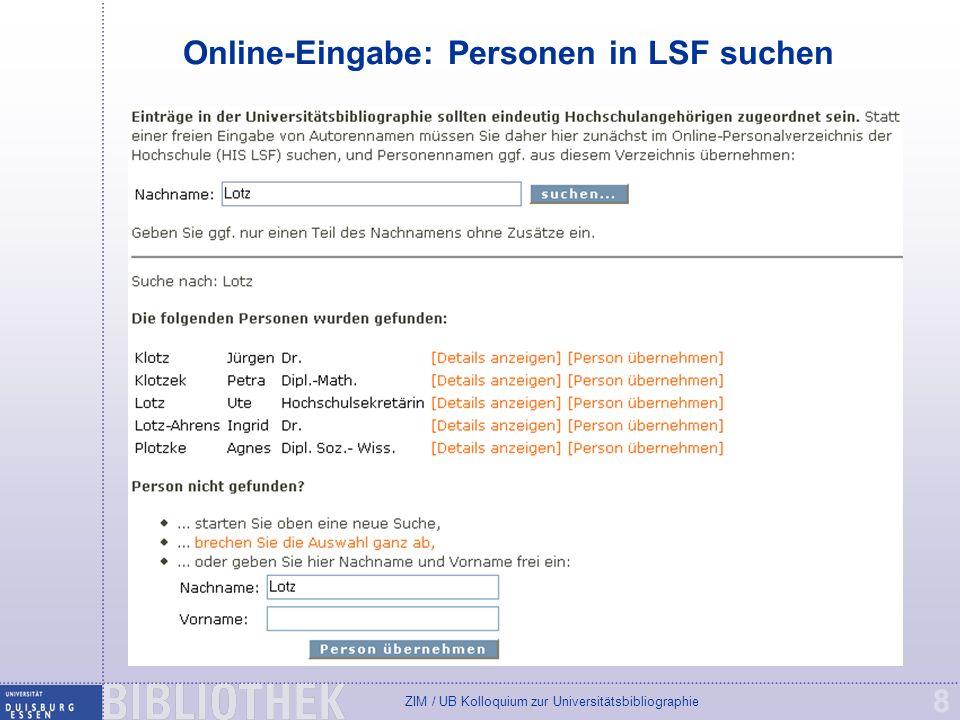 Online-Eingabe: Personen in LSF suchen