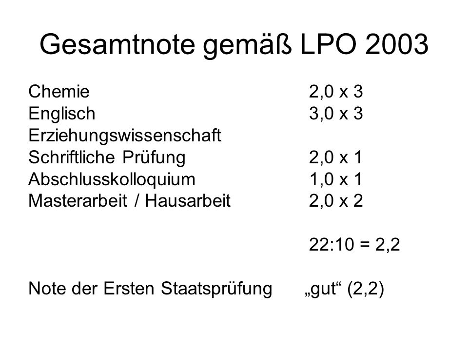 Gesamtnote gemäß LPO 2003 Chemie 2,0 x 3 Englisch 3,0 x 3