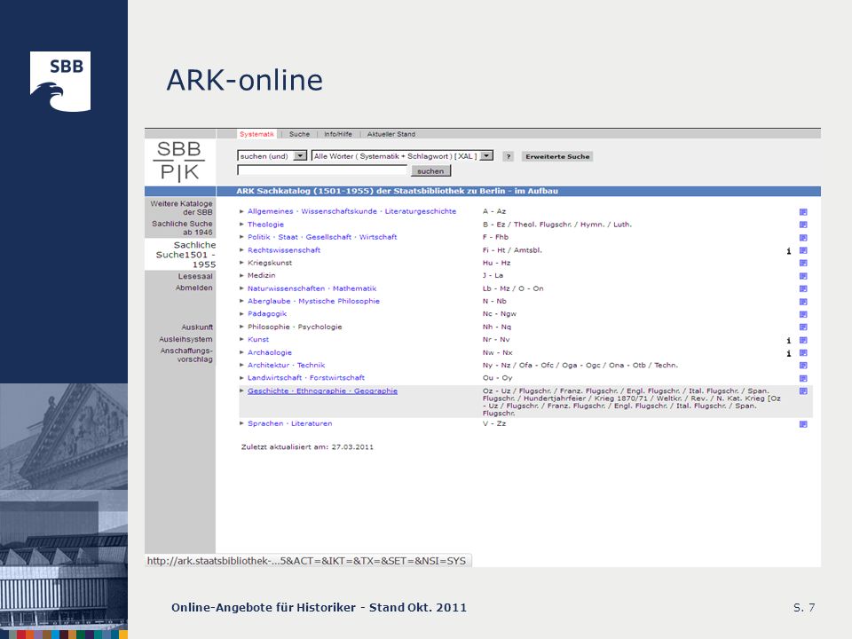 ARK-online Online-Angebote für Historiker - Stand Okt. 2011