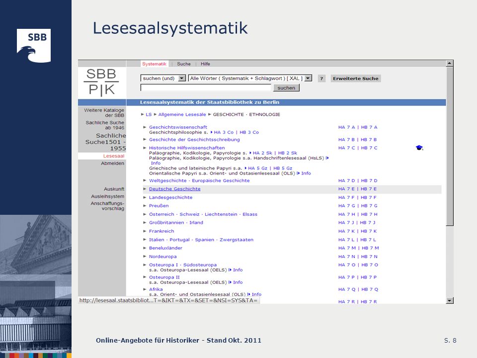 Lesesaalsystematik Online-Angebote für Historiker - Stand Okt. 2011