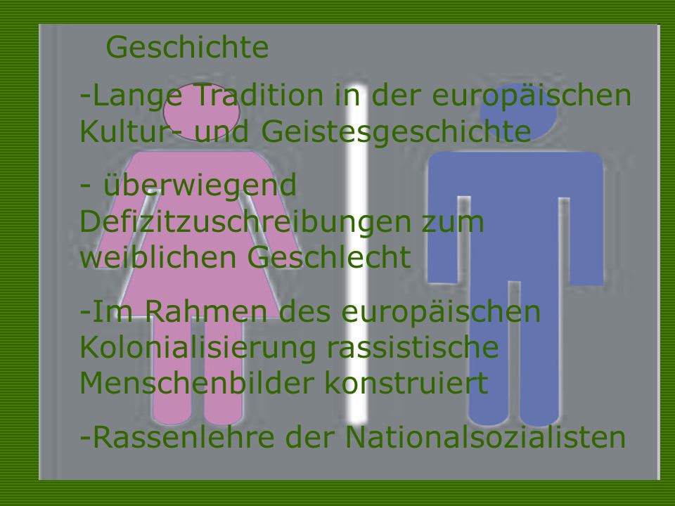 Geschichte Lange Tradition in der europäischen Kultur- und Geistesgeschichte. überwiegend Defizitzuschreibungen zum weiblichen Geschlecht.