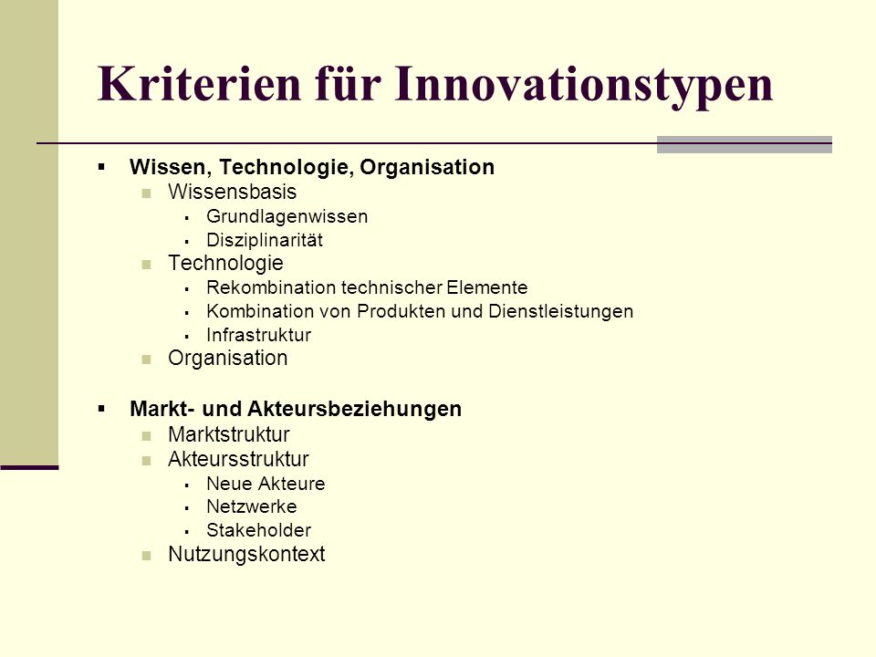 Kriterien für Innovationstypen