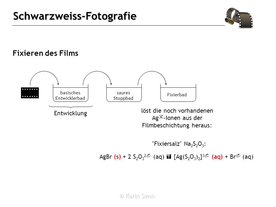 Fixieren des Films löst die noch vorhandenen Ag+-Ionen aus der Filmbeschichtung heraus: basisches Entwicklerbad.