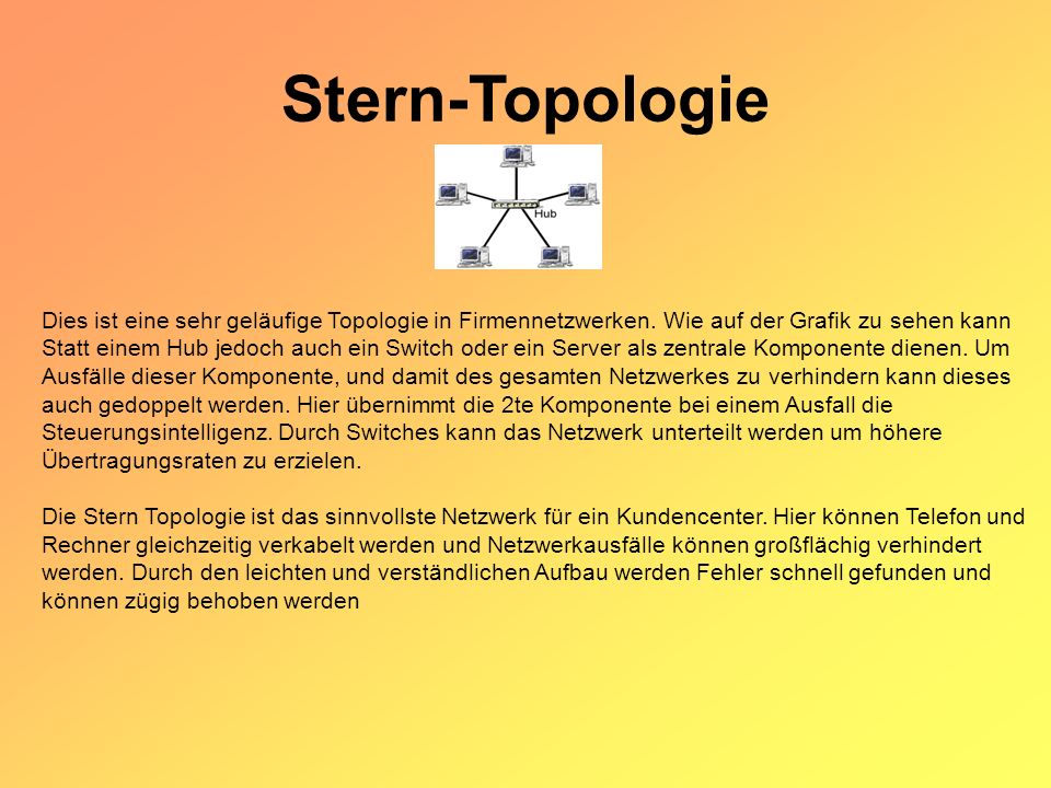 Stern-Topologie Dies ist eine sehr geläufige Topologie in Firmennetzwerken. Wie auf der Grafik zu sehen kann.
