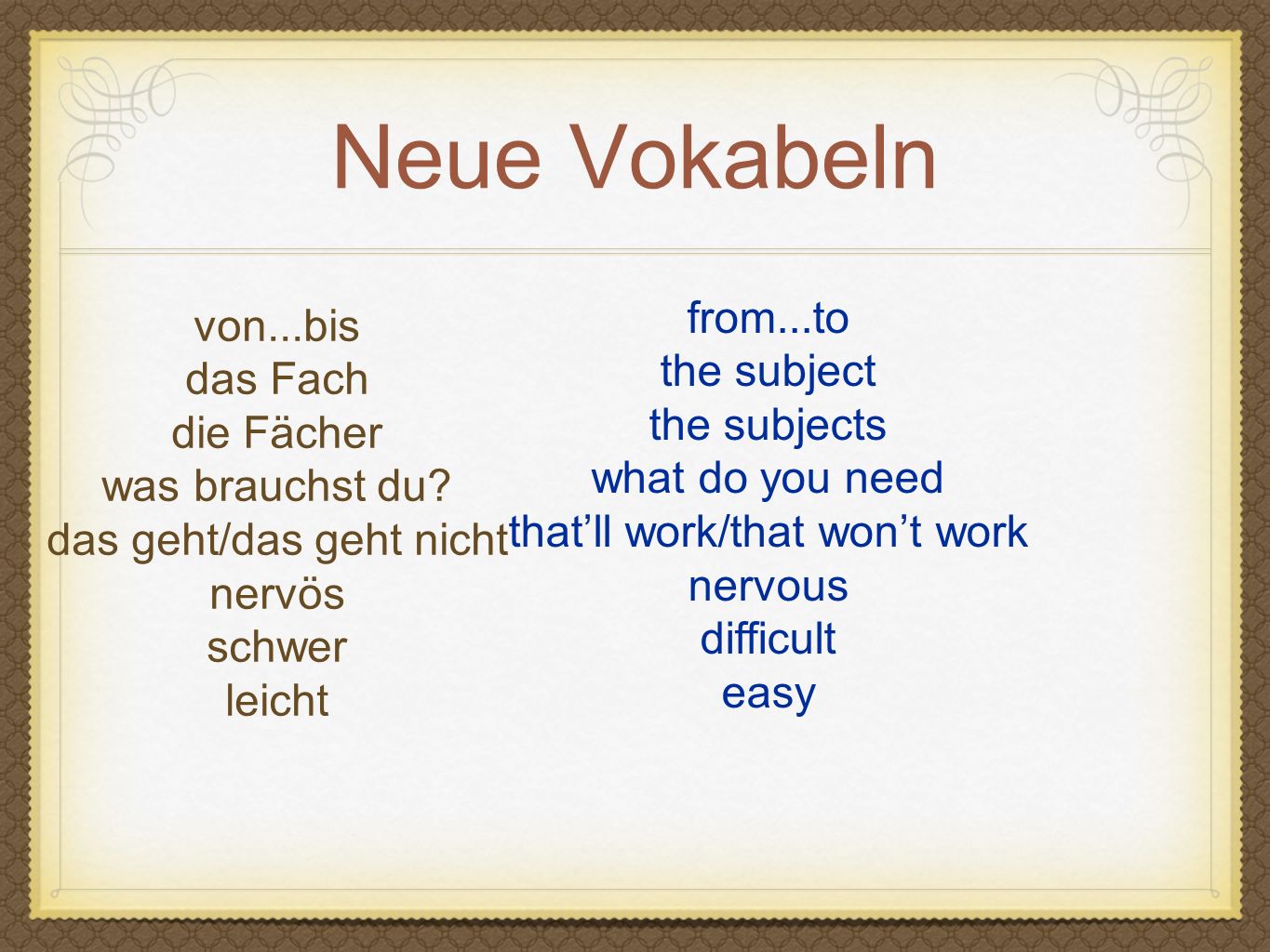 Neue Vokabeln from...to von...bis the subject das Fach the subjects