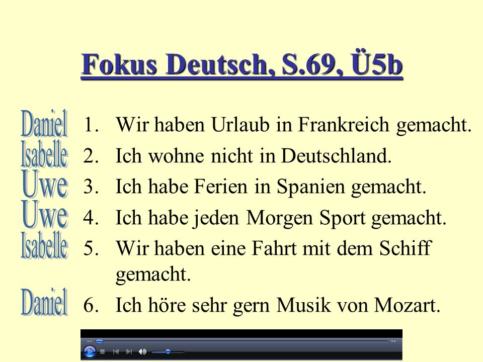Fokus Deutsch, S.69, Ü5b Daniel Isabelle Uwe Uwe Isabelle Daniel