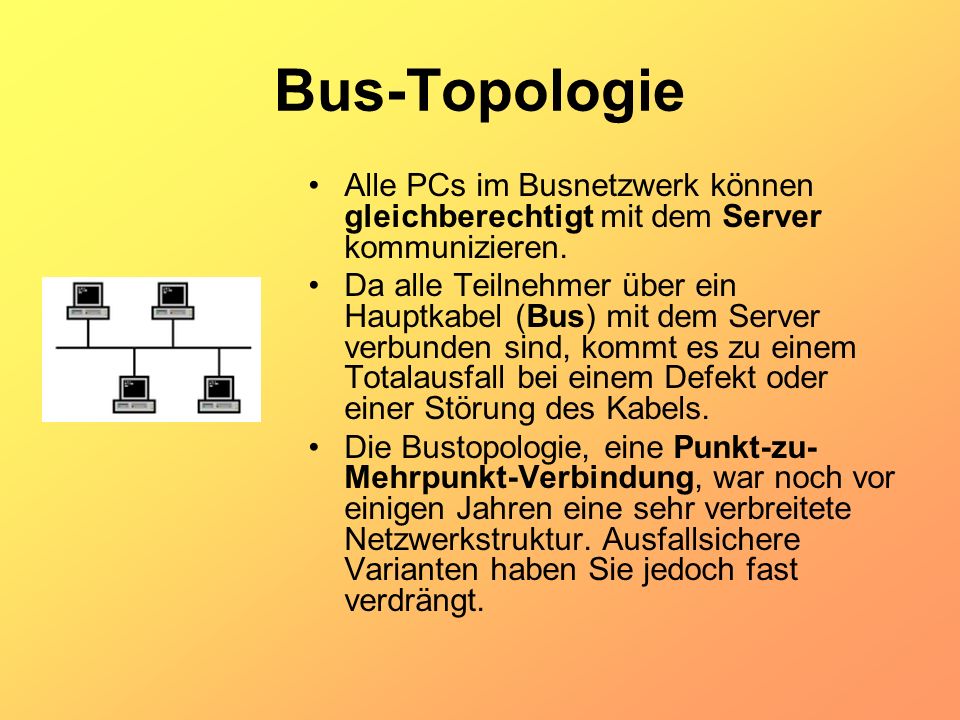 Bus-Topologie Alle PCs im Busnetzwerk können gleichberechtigt mit dem Server kommunizieren.