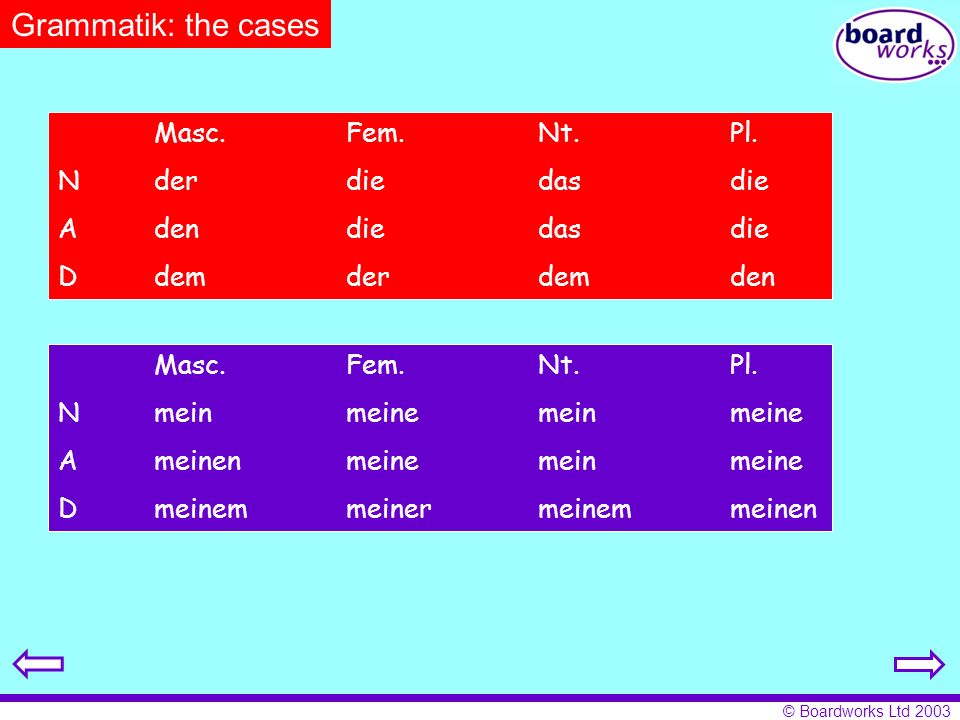 Grammatik: the cases Masc. Fem. Nt. Pl. N der die das die
