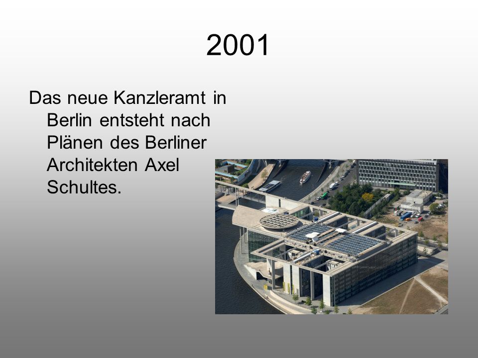 2001 Das neue Kanzleramt in Berlin entsteht nach Plänen des Berliner Architekten Axel Schultes.