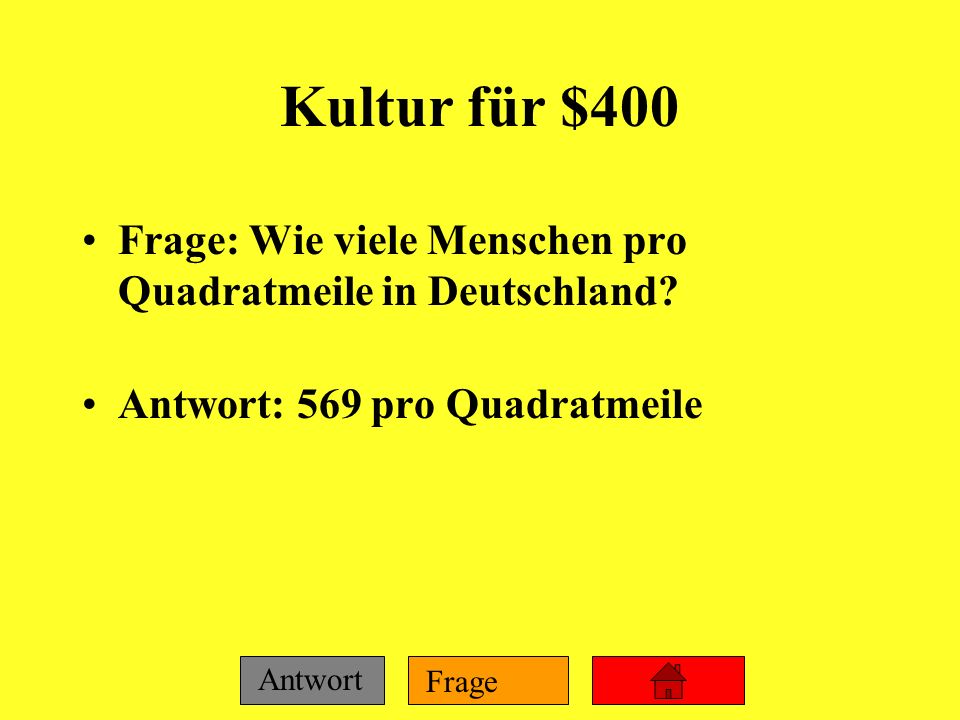 Kultur für $400 Frage: Wie viele Menschen pro Quadratmeile in Deutschland.