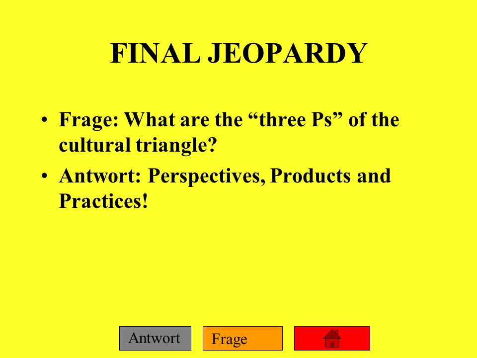 FINAL JEOPARDY Frage: What are the three Ps of the cultural triangle.