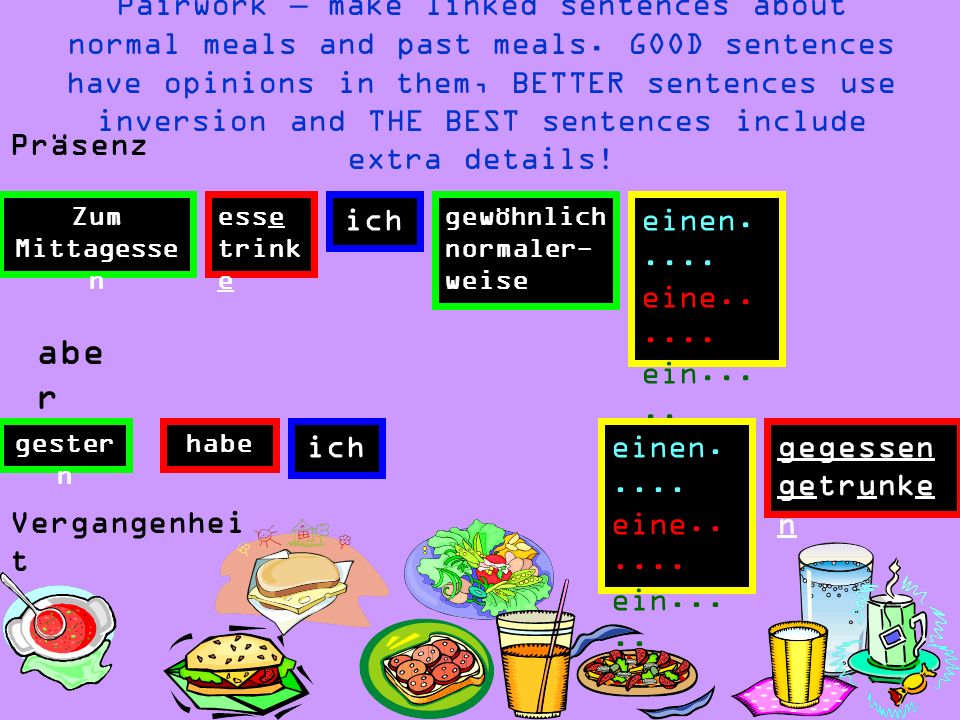 Pairwork – make linked sentences about normal meals and past meals
