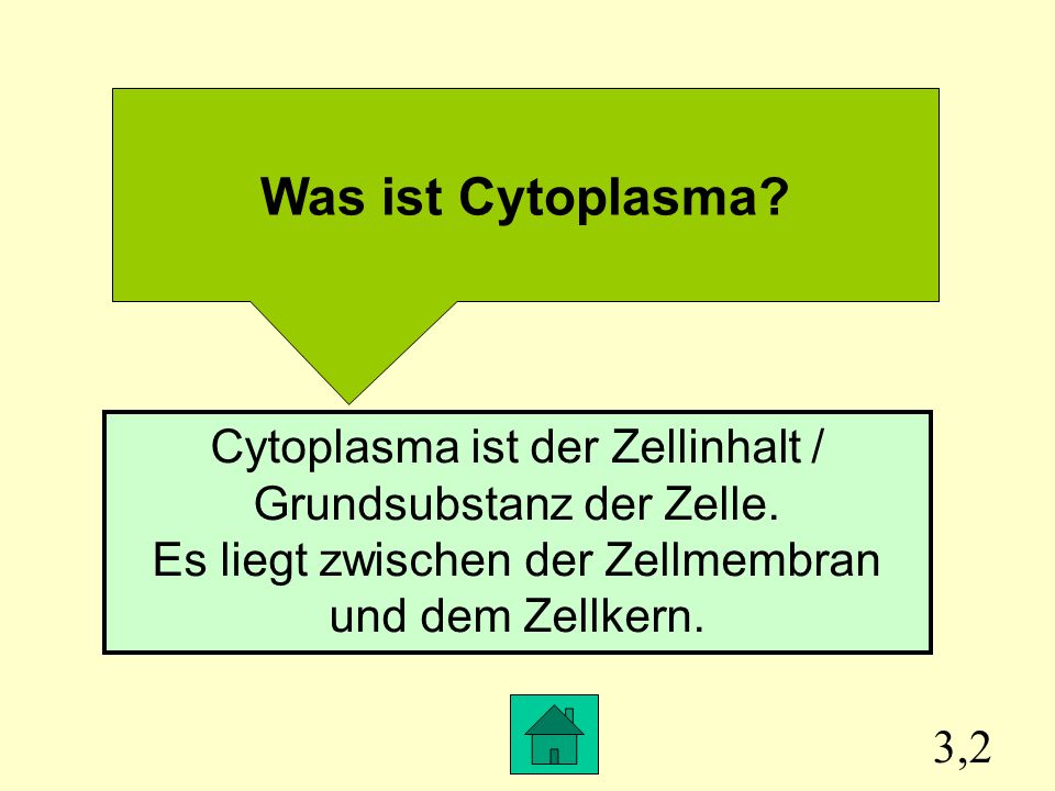 Was ist Cytoplasma Cytoplasma ist der Zellinhalt / Grundsubstanz der Zelle. Es liegt zwischen der Zellmembran und dem Zellkern.