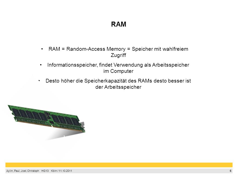 RAM = Random-Access Memory = Speicher mit wahlfreiem Zugriff
