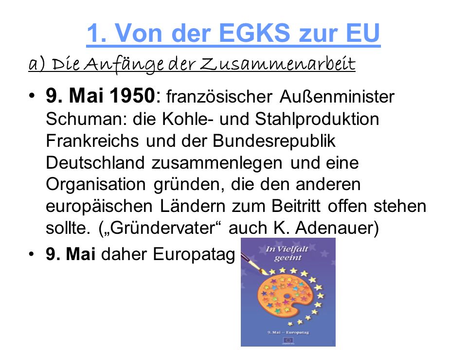 1. Von der EGKS zur EU a) Die Anfänge der Zusammenarbeit