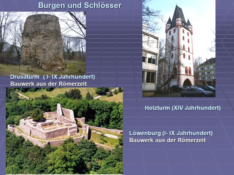 Burgen und Schlösser Drusaturm ( I- IX Jahrhundert) Bauwerk aus der Römerzeit. Holzturm (XIV Jahrhundert)
