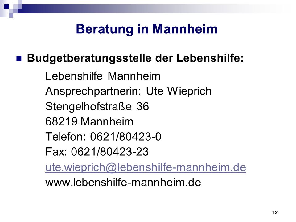 Beratung in Mannheim Budgetberatungsstelle der Lebenshilfe: