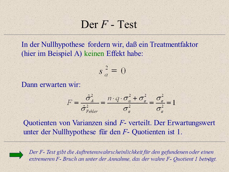 Der F - Test In der Nullhypothese fordern wir, daß ein Treatmentfaktor (hier im Beispiel A) keinen Effekt habe: