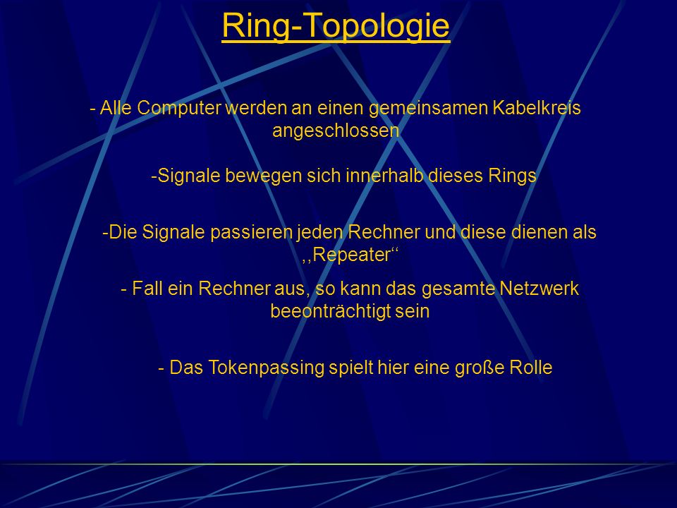 Ring-Topologie - Alle Computer werden an einen gemeinsamen Kabelkreis angeschlossen. Signale bewegen sich innerhalb dieses Rings.