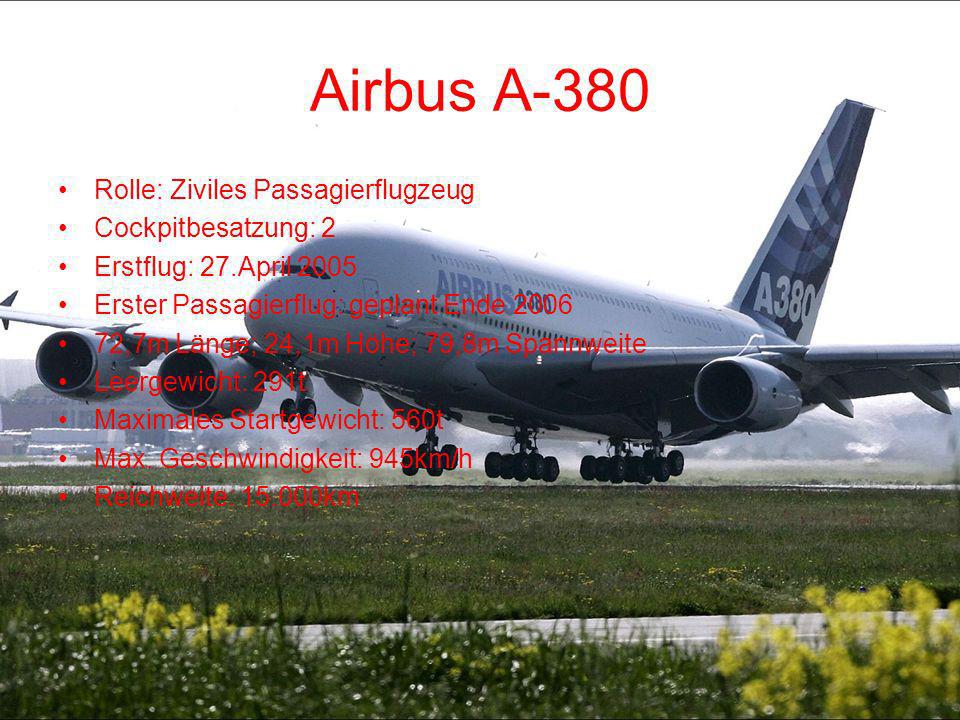Airbus A-380 Rolle: Ziviles Passagierflugzeug Cockpitbesatzung: 2