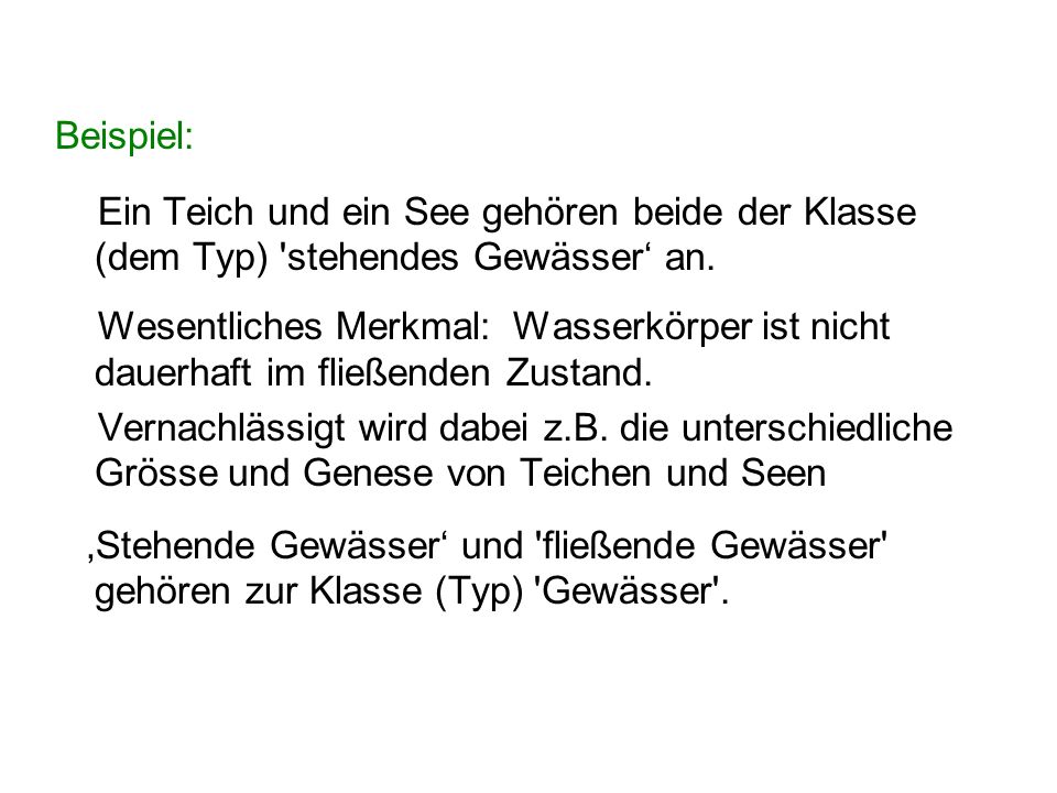 Beispiel: Ein Teich und ein See gehören beide der Klasse (dem Typ) stehendes Gewässer‘ an.