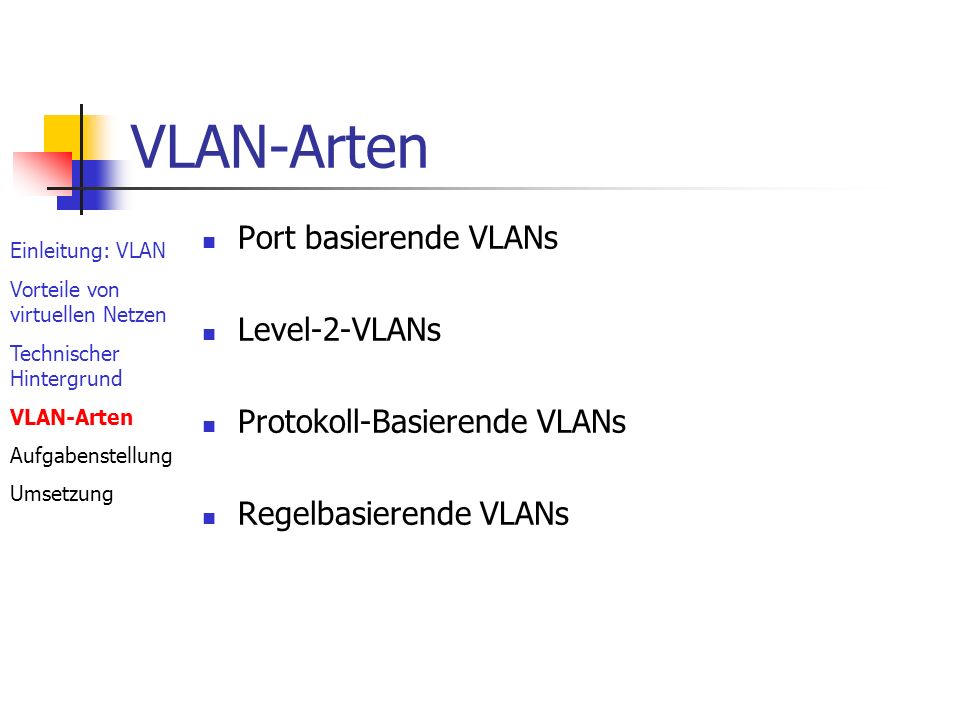 VLAN-Arten Port basierende VLANs Level-2-VLANs