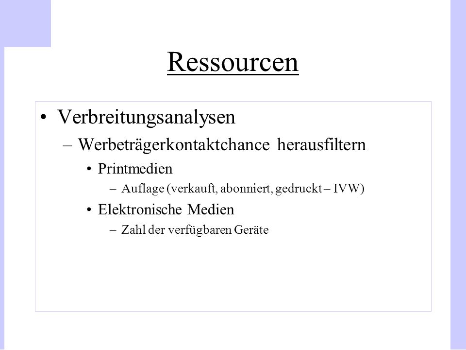 Ressourcen Verbreitungsanalysen Werbeträgerkontaktchance herausfiltern