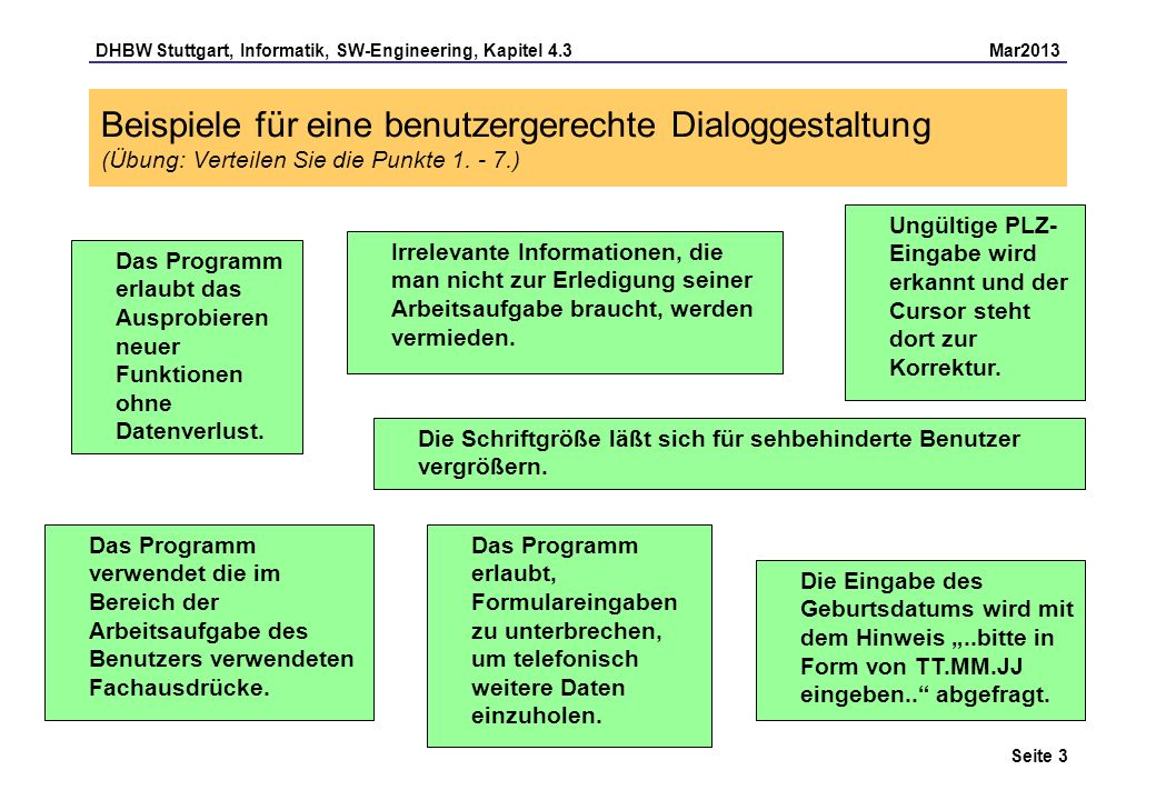 Beispiele für eine benutzergerechte Dialoggestaltung (Übung: Verteilen Sie die Punkte )