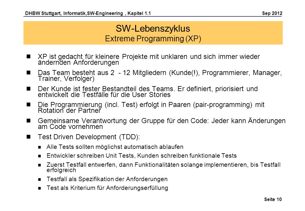 SW-Lebenszyklus Extreme Programming (XP)