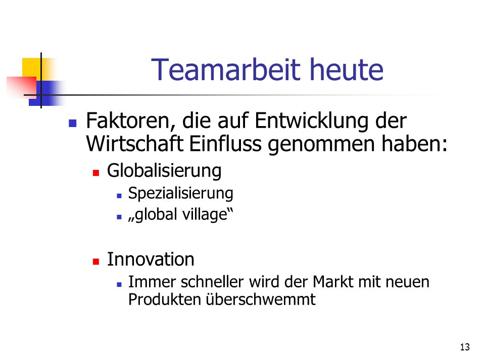 Teamarbeit heute Faktoren, die auf Entwicklung der Wirtschaft Einfluss genommen haben: Globalisierung.