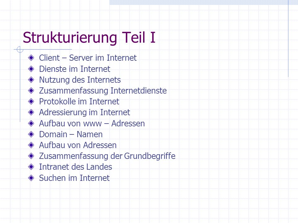Strukturierung Teil I Client – Server im Internet Dienste im Internet