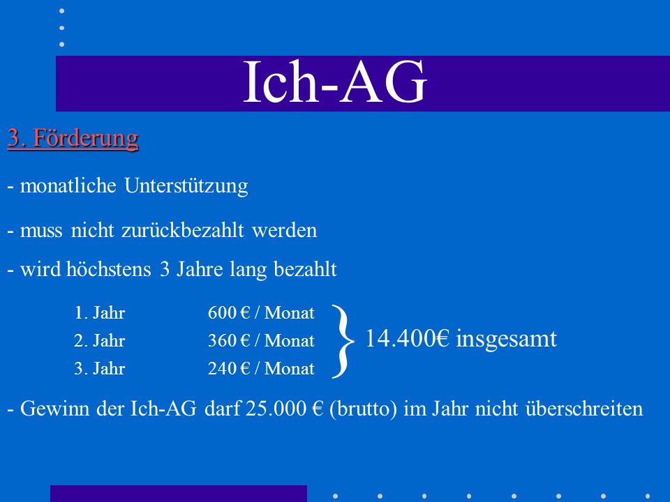 } Ich-AG 3. Förderung 1. Jahr 600 € / Monat 2. Jahr 360 € / Monat