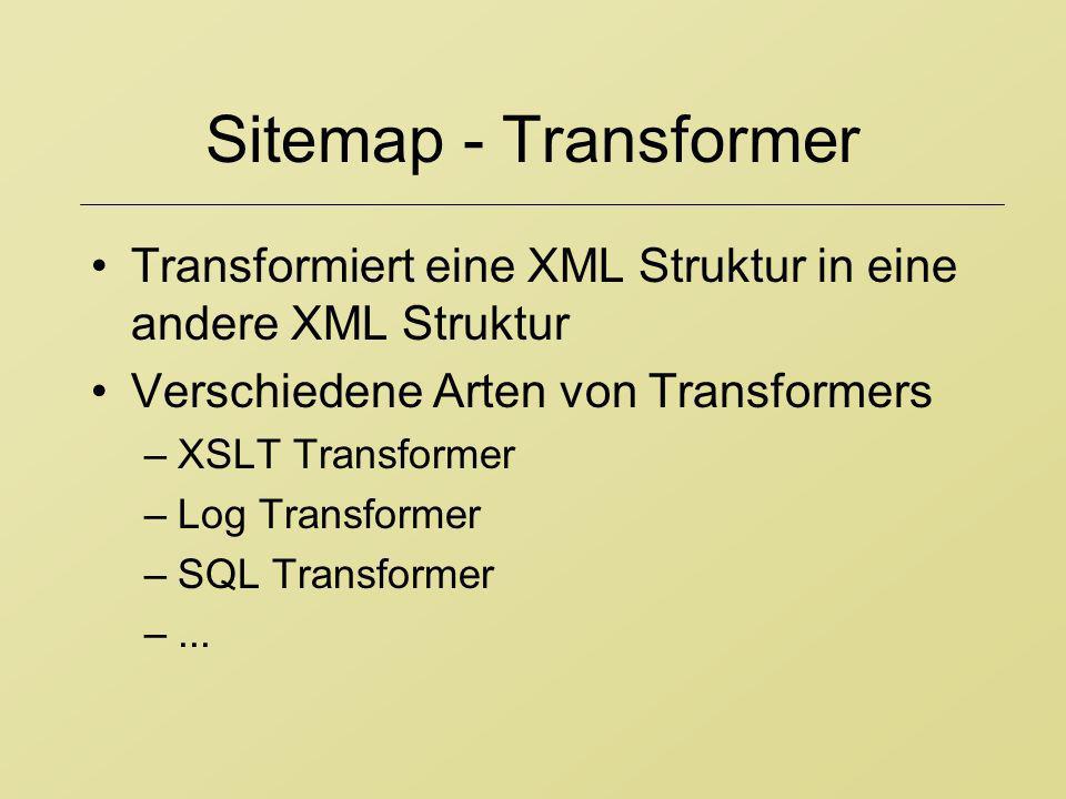 Sitemap - Transformer Transformiert eine XML Struktur in eine andere XML Struktur. Verschiedene Arten von Transformers.