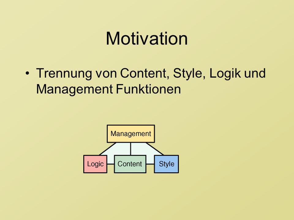Motivation Trennung von Content, Style, Logik und Management Funktionen. Komponentenbasierte Architektur -> Wiederverwendbarkeit.