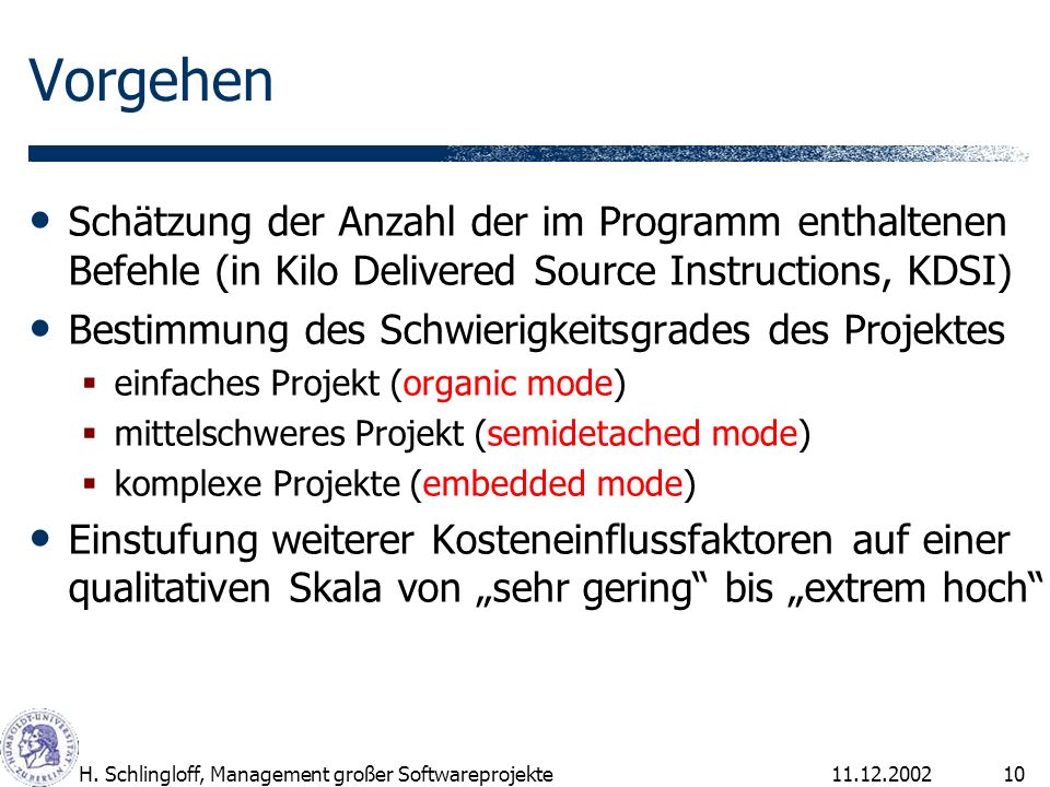 Vorgehen Schätzung der Anzahl der im Programm enthaltenen Befehle (in Kilo Delivered Source Instructions, KDSI)