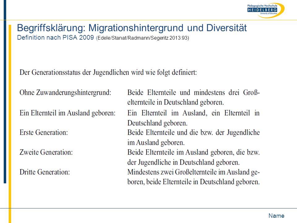 Begriffsklärung: Migrationshintergrund und Diversität Definition nach PISA 2009 (Edele/Stanat/Radmann/Segeritz 2013:93)