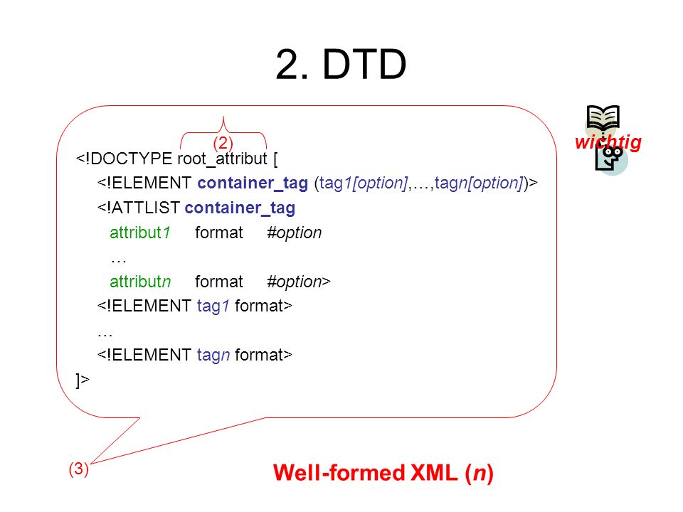 2. DTD Well-formed XML (n) wichtig (2) <!DOCTYPE root_attribut [