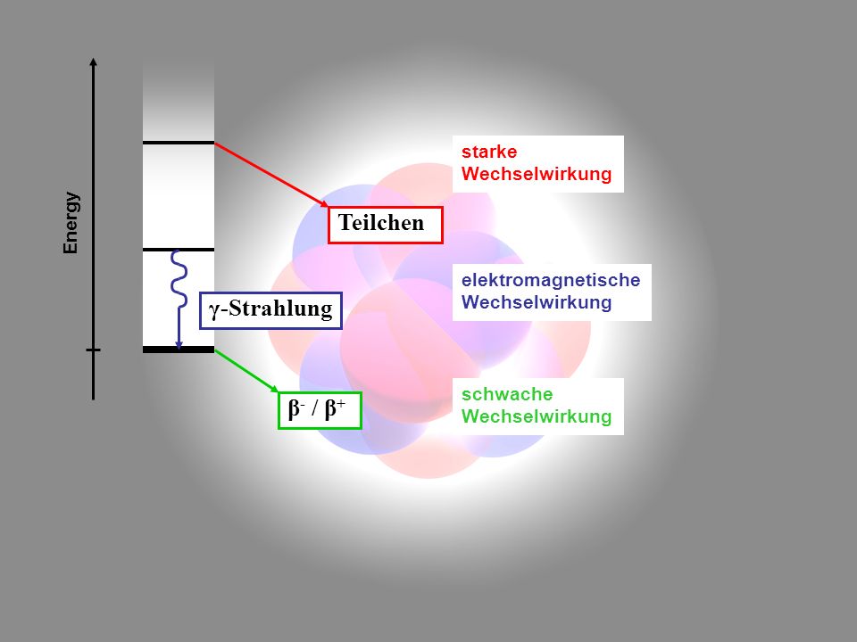 Teilchen γ-Strahlung β- / β+ starke Wechselwirkung Energy