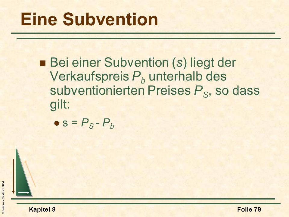 Eine Subvention Bei einer Subvention (s) liegt der Verkaufspreis Pb unterhalb des subventionierten Preises PS, so dass gilt: