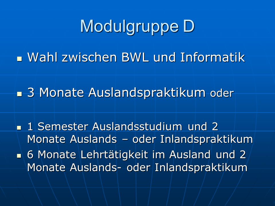 Modulgruppe D Wahl zwischen BWL und Informatik