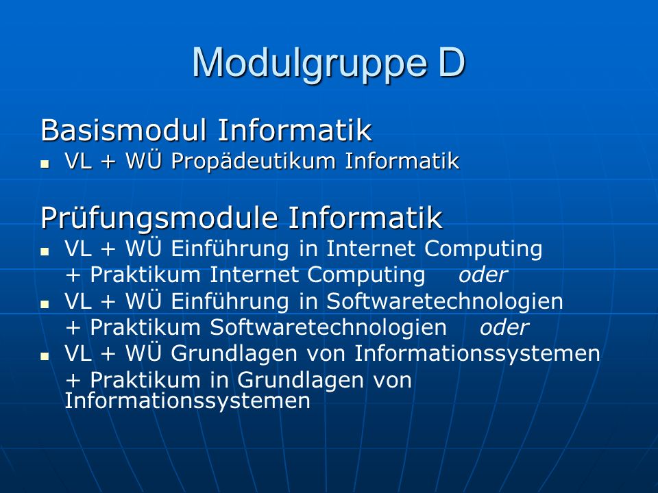 Modulgruppe D Basismodul Informatik Prüfungsmodule Informatik