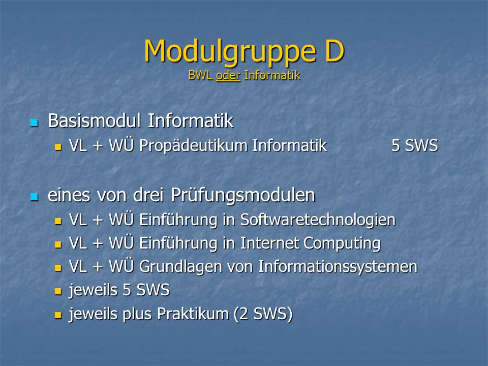 Modulgruppe D BWL oder Informatik