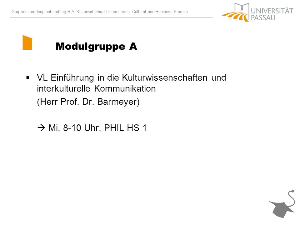 Modulgruppe A VL Einführung in die Kulturwissenschaften und interkulturelle Kommunikation. (Herr Prof. Dr. Barmeyer)