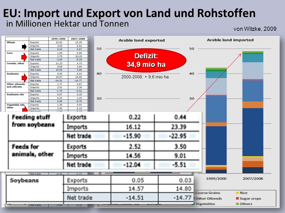 EU: Import und Export von Land und Rohstoffen in Millionen Hektar und Tonnen