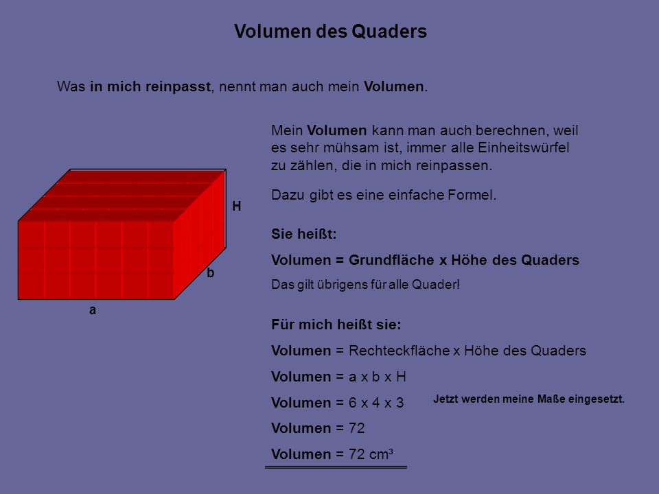 Volumen des Quaders Was in mich reinpasst, nennt man auch mein Volumen. Mein Volumen kann man auch berechnen, weil.