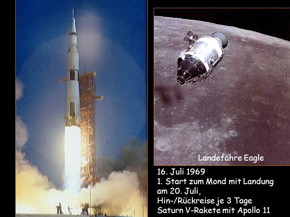 1. Start zum Mond mit Landung am 20. Juli, Hin-/Rückreise je 3 Tage