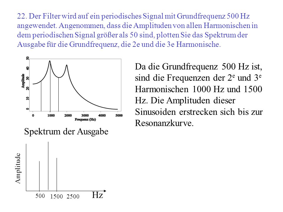 22. Der Filter wird auf ein periodisches Signal mit Grundfrequenz 500 Hz angewendet. Angenommen, dass die Amplituden von allen Harmonischen in dem periodischen Signal größer als 50 sind, plotten Sie das Spektrum der Ausgabe für die Grundfrequenz, die 2e und die 3e Harmonische.